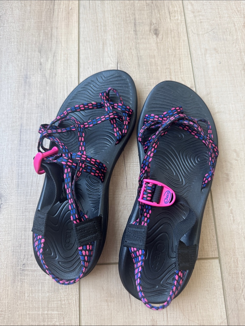 Women’s Black Chaco Sandals with Pink Accent Straps
